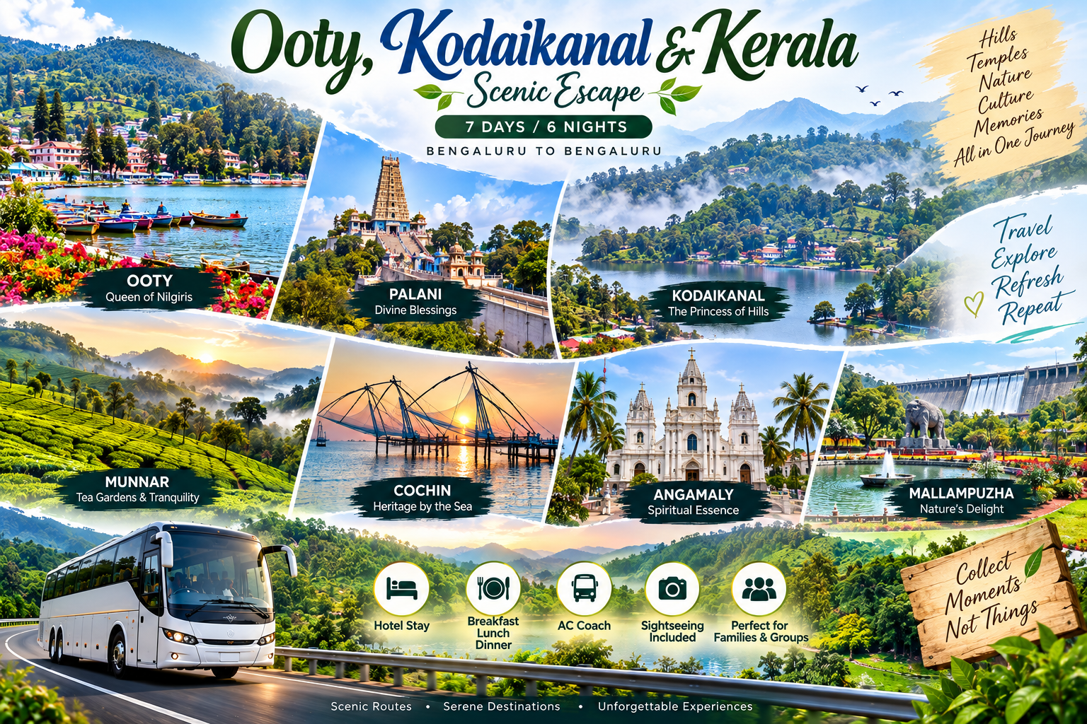 🌿 Ooty, Kodaikanal & Kerala Scenic Escape 7 Days / 6 Nights